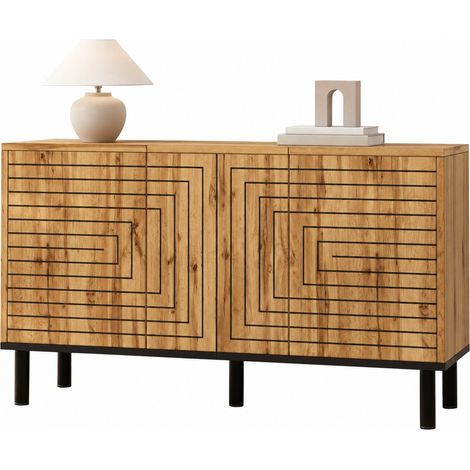 Aparador Bajo de 3 Puertas con Apertura a Presión, Motivo Ondulado, para Salón, MDF, 120 x 35 x 68 cm, Natural (1/5)