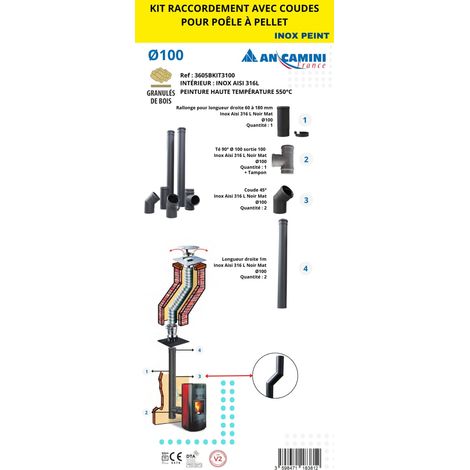 AN CAMINI Kit de raccordement avec coudes pour poêle à pellets - inox AISI 316L peint noir - Ø100 - avec rallonge, té 90° et coudes 45°