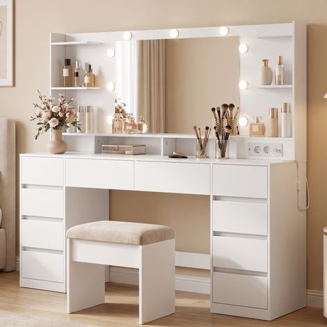 Coiffeuse avec Miroir Éclairé LED et Prises, 10 Tiroirs, 137 x 40 x 144,3 cm, Blanc (1/5)