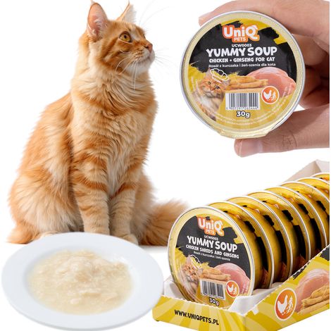 Comida húmeda para gatos con caldo de pollo y ginseng, deliciosa sopa UniQ Pets, 8 x 30 g