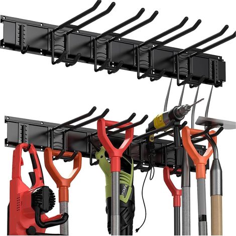 Support Mural d'Outils de Garage, Rangement Outils Jardin, Organisateur de Rangement avec 6 Crochets Réglables et 3 Rails, pour Outils de Garage, Coupe-bordures, Tuyaux, Pelles (1/5)