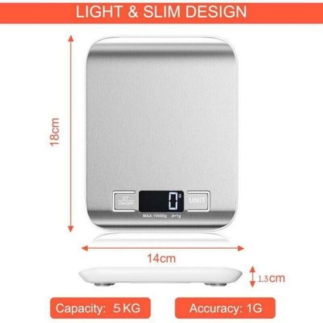 Balance De Cuisine - 5 Kg / 1 G - Écran LCD - Fonction Tare - Acier Inoxydable (1/4)