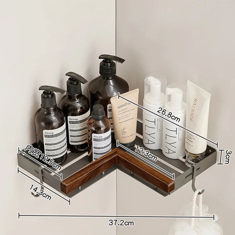 Étagère de rangement de salle de bain en noyer noir (gris anthracite), étagère perforée pour lavabo, fixation murale sur trépied, accessoires de salle de bain, étagère d'angle (1/5)