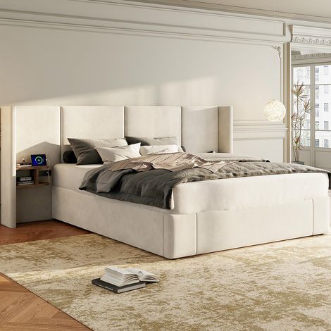 Lit rembourré 160 x 200 cm, avec port USB, prise de courant, table de nuit, velours, beige (1/5)