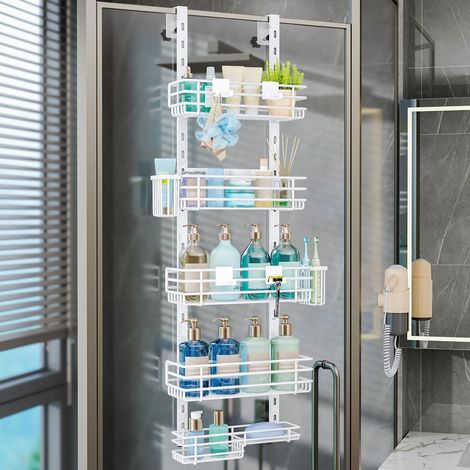 HapiRm Étagère De Douche À Suspendre En Acier Inoxydable - Étagère De Douche Sans Perçage Avec 5 Paniers Réglables - Porte-Brosses À Dents Et Crochets Pour Salle De Bain (1/5)
