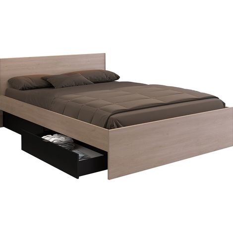 Lit avec 4 tiroirs 140 x 190 cm - Coloris : Naturel et noir - VELONA