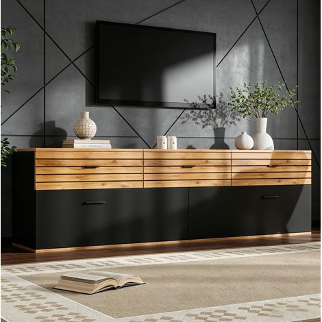 Mueble para TV de hasta 65 pulgadas, 2 puertas abatibles, 3 cajones, MDF negro y madera natural, 168x38x59 cm (1/5)