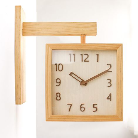 Horloge murale Simple et silencieuse, carrée, Double face, coin décoratif en bois pour salon, couleur bois originale (1/5)