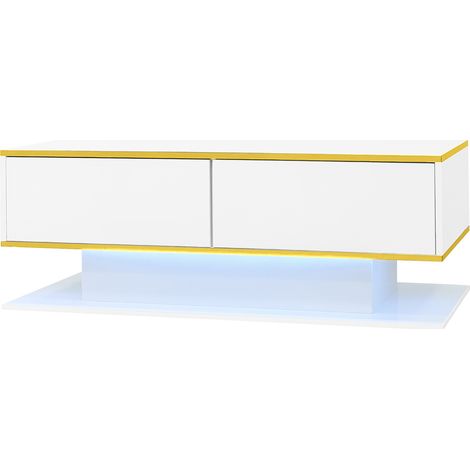 Tavolino da salotto LED bianco lucido con dettagli dorati, 3 cassetti e USB, HOMVRA (1/5)