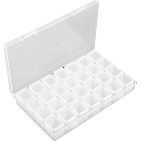Boîte de rangement transparente en plastique à 28 compartiments réglables pour comprimés, pilules et bijoux. (1/5)