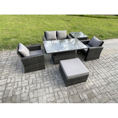 Fimous Outdoor Garden Dining Sets 5 Seater Rattan Patio Furniture Sofa Set with Rising Lifting Table Big Footstool Side Table Dark Grey Mixed (1/5)