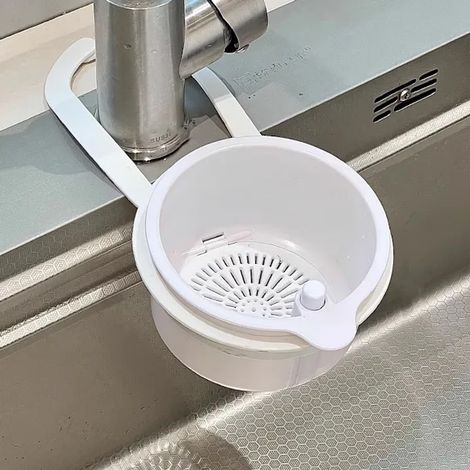 Passoire d'évier multifonctionnelle pour déchets alimentaires - Inclinable avec mécanisme à pression - Blanche (1/5)