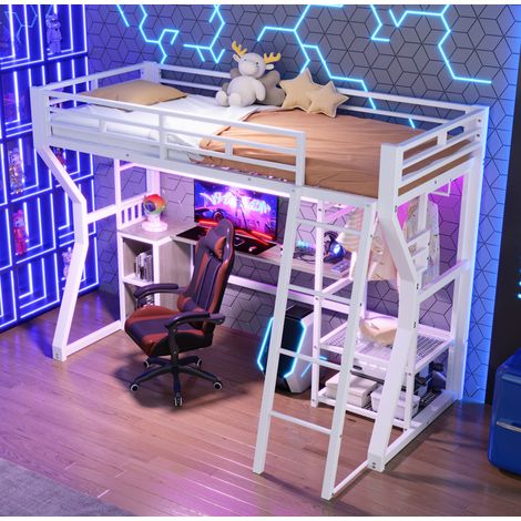 Lit mezzanine moderne 90x200 cm métal et MDF blanc avec bureau, étagères, penderie, prise intégrée et bande lumineuse