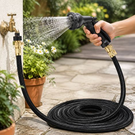 Tuyau d'arrosage extensible 30m pistolet 8 jets raccords laiton anti-fuite anti-enchevêtrement jardin (1/5)