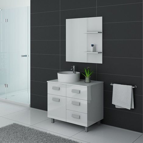Distribain – Meuble de salle de bain avec vasque simple 80 cm – 4 tiroirs – Finition laquée brillante – Vasque céramique ronde – Fermeture douce (1/4)