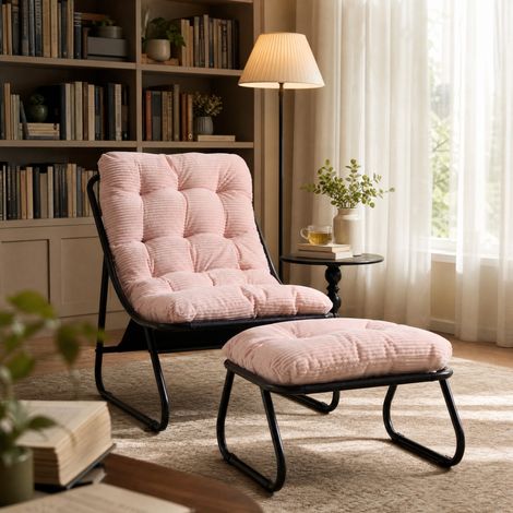 Fauteuil d'extérieur avec ottoman, chaise longue de patio en acier, coussin rose, noir HAVRYA (1/5)