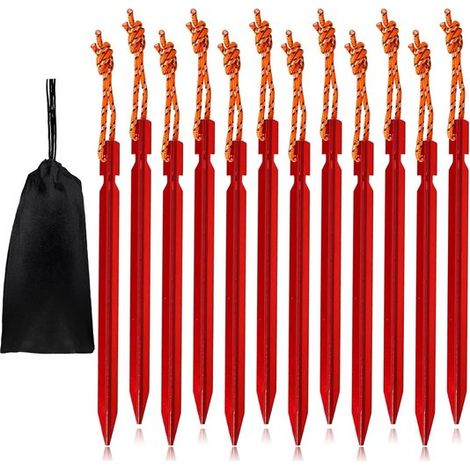 12 piquets de tente, aluminium léger 18 cm, corde réfléchissante, sac de transport, camping et randonnée (1/5)
