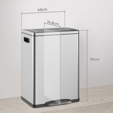 Poubelle avec couvercle et pédale, en acier inoxydable, 2 compartiments de 20 litres, argentée (1/5)