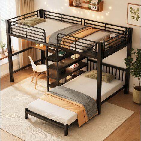 Litera 2 plazas 90x200 con escritorio, almacenaje y puertos USB/Type-C negra DESVIAE