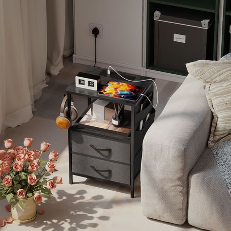 Table basse/table d'appoint avec station de charge, structure en acier, ports USB-C, tiroirs, crochets, 40 cm x 30 cm x 60 cm, noire (1/5)
