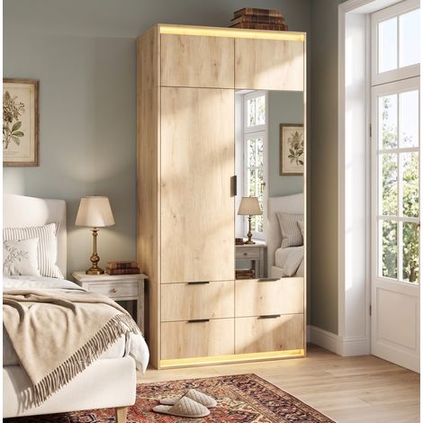 MODFU – Armario 90x47x200 cm con espejo, LED, barra para colgar, 4 cajones y estructura de MDF, ahorra espacio – Madera (1/5)