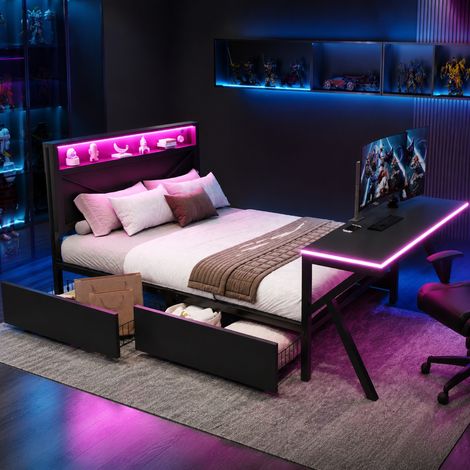 Cama plataforma gaming 140x200 cm de metal/MDF negro con LED, escritorio y 2 cajones, OKWISH (1/5)