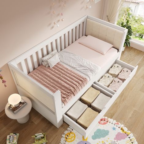 MEUBLIV Cama nido 90x200 cm blanca de madera con 2 cajones y respaldo, sin colchón (1/5)