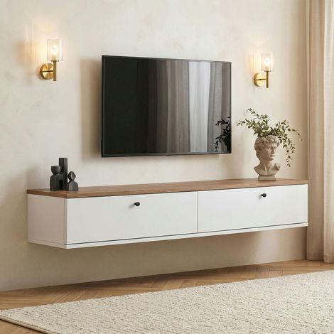 Meuble TV suspendu 2 portes décor pin et blanc MARFA (1/5)