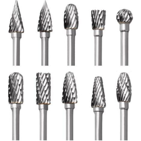 Lot de 10 Double Coupe de fraises rotatives en carbure de tungstène, avec tête de meulage, poignée de 3 mm, Pour Outils Rotatifs Dremel, pour Gravure sur Bois Polissage Métal Verre Céramique Bijoux