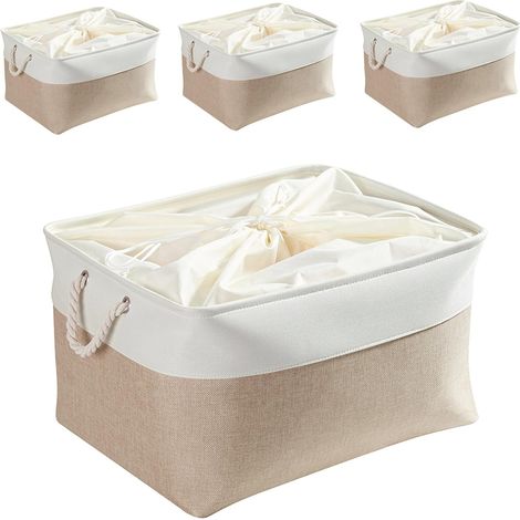 Lot de 4 boîtes de rangement Jumbo en toile avec poignées pour placard, armoire, étagère, salle de bain, vêtements, jouets, serviette (pliable, 50 x 40 x 30 cm, Blanc Kaki Clair) (1/4)