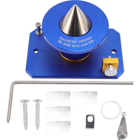 Magnetic wall-mounted blade balancer in aluminium alloy 339075B, heavy-duty precision balancers for mowers, blue. (1/5)