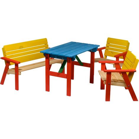 Ensemble de meubles d'extérieur pour enfants 4 places  1 banc, 2 chaises, 1 table  Ensemble de pique-nique pour enfants  Salon de jardin en bois massif pour jardin / terrasse (1/5)