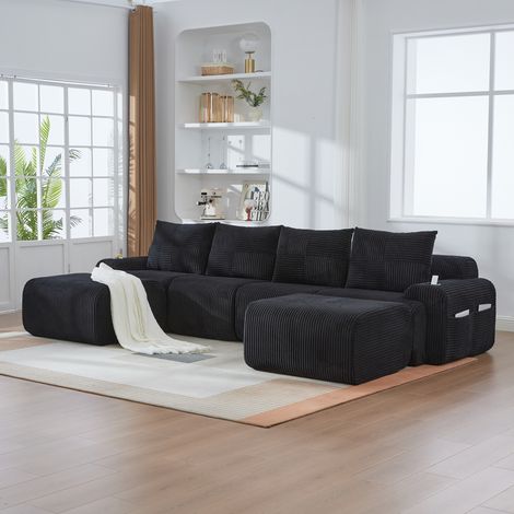 Canapé modulaire en velours côtelé pour 4 personnes (avec 2 poufs), modulable à volonté, avec porte-gobelet et poche de rangement latérale, idéal pour le salon, la salle familiale et d'autres pièces, (1/5)