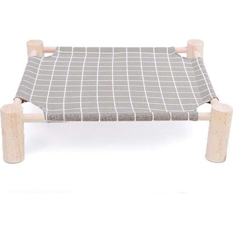 1 lit surélevé pour chien et chat, toile respirable et pin naturel, lavable, intérieur et extérieur, 53x48x13 cm