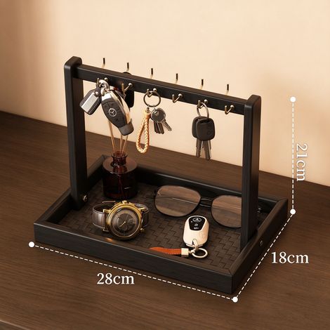 Étagère de rangement en bois massif : Comprend des crochets et un plateau en similicuir pour ranger clés, montres, lunettes, bijoux et autres petits objets (28 x 18 x 21 cm) (1/4)