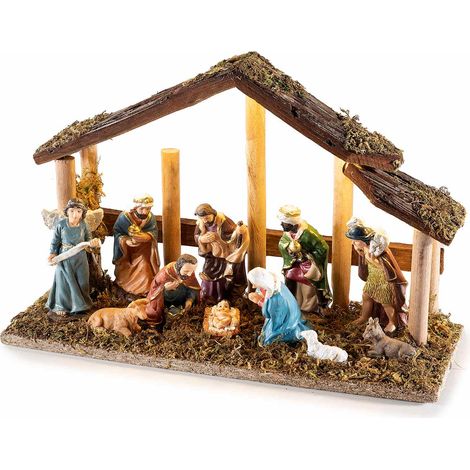 Presepe / Sacra Famiglia in legno con personaggi in resina, muschio e luci LED, set da 2 pezzi, cm 25 x 9 x 16 H