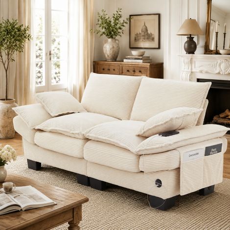 Cordsofa 2-Sitzer Beige Modulares Sofa mit USB-C Anschluss und Seitentaschen, Ergonomische Couch für Wohnzimmer, 190x73x84 cm (1/5)