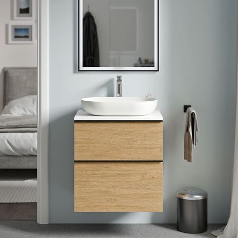 Waschtischunterschrank Bernstein LAVOA 60 cm für Aufsatzwaschbecken - Korpus Eiche Honiggold, Metallgriff Chrom, Waschtischplatte Weiß matt