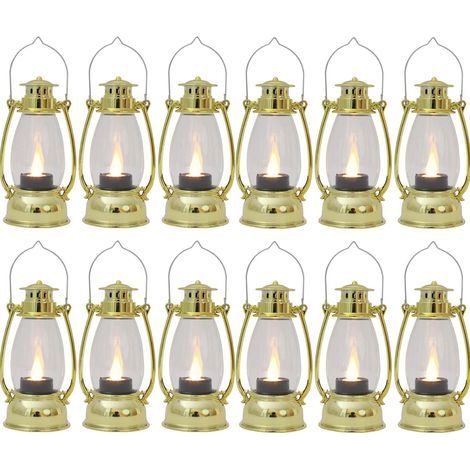 Lot de 12 bougeoirs vintage à suspendre pour décoration de fête d'Halloween, mini-lanterne, bougies LED, plaqué or (1/5)