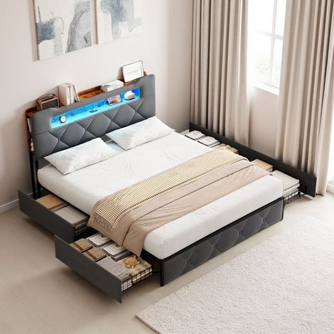 Bettgestell 160x200 cm aus Metall und Paneelen, Doppelbett 160x200 cm, Erwachsenenbett mit 4 Schubladen und LED, Lattenrost, Graues Samt