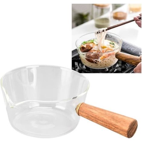 RUJ® Pot à lait en verre avec manche en bois bec en forme de V nouilles casserole maison cuisine ustensiles cuisine accessoire (400 (1/4)
