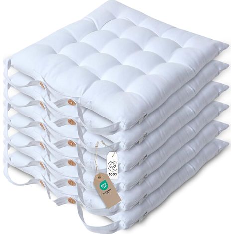 Galette de Chaise 40x40 cm, Lot de 6, Coussin de Chaise en Coton, Coloris Blanc (1/5)