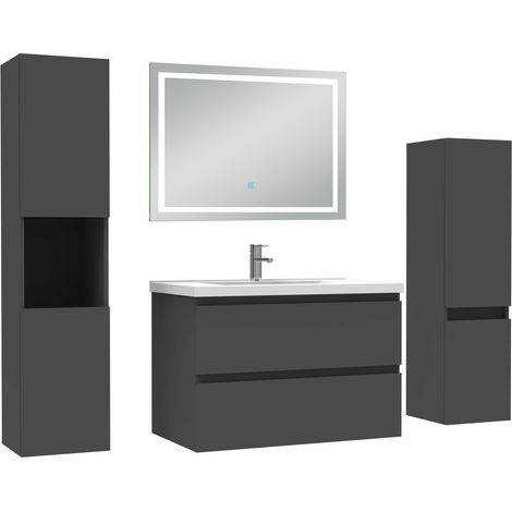 Ocean Ensemble meuble Salle de Bain 80cm avec colonne et miroir lumineux 3 couleurs Anthracite