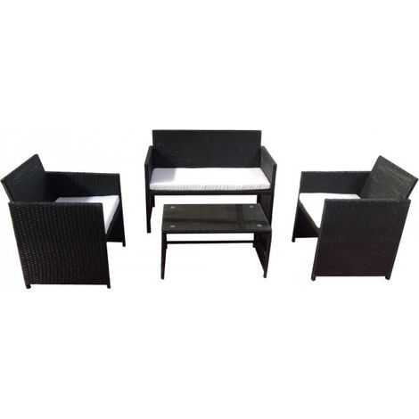 Salotto da esterno divano, due poltrone e tavolino, Polyrattan nero, cuscini bianchi Fredi Cileva