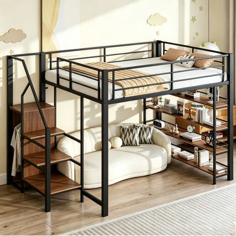 Lit mezzanine 140x200 cm en métal noir, avec escalier de rangement, armoire et garde-corps haut (1/5)