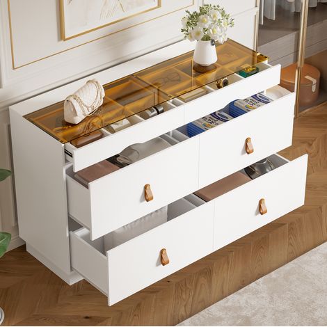 Cassettiera portagioie con 6 cassetti e piano in vetro ESG, bianca, 120 x 40 x 78 cm, OKWISH (1/5)
