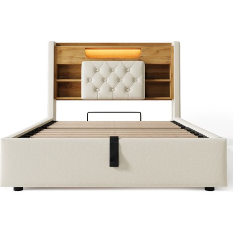 Polsterbett 90x200 cm mit hydraulischem Bettkasten, LED, USB und USB-C, beige (1/5)