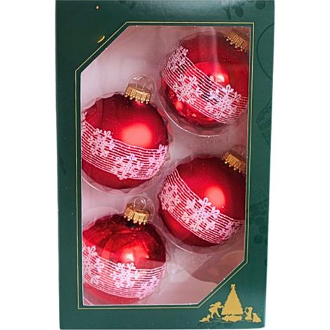 Lot de 4 Boules de Noël, en Verre, Design Cristal de Neige Rouge, 7 cm, avec Couronne dorée. (1/5)