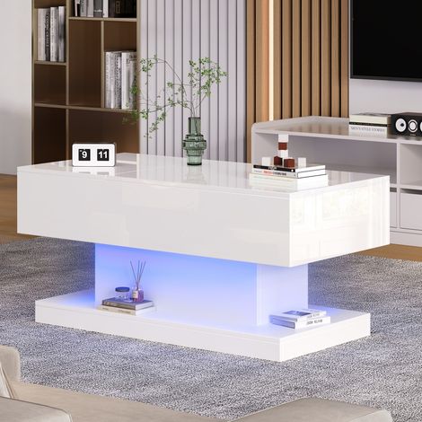 Table basse relevable LED 100x50x45cm - double mécanisme (plateau/côtés) - éclairage & rangement hydraulique (1/5)