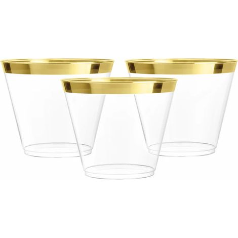 Verres à Vin en Plastique Jetables pour Cocktails et Boissons - Gobelets de Fête en Lot pour Mariages - Tasses Transparentes de 9oz(Doré) (1/5)